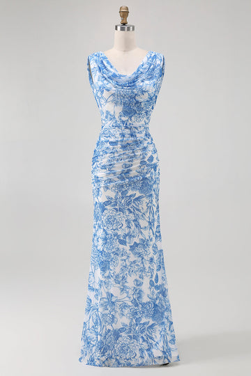 Blå blomma kåpa hals fodral tryckt lång brudtärna klänning med slits